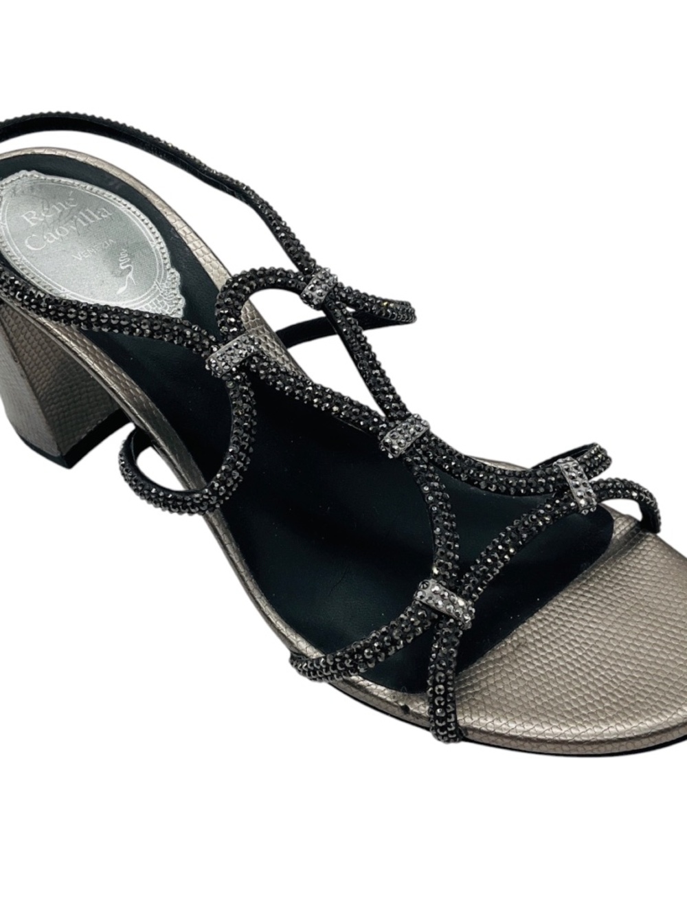 RENE CAOVILLA GUNMETAL METALLIC CRYSTAL EMBELLISHED EMBOSSED MID HEEL SANDALS
